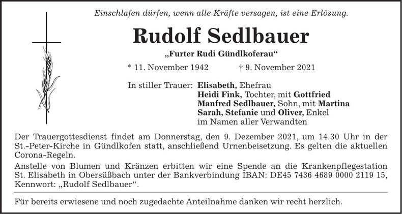 Traueranzeige Rudolf Sedlbauer