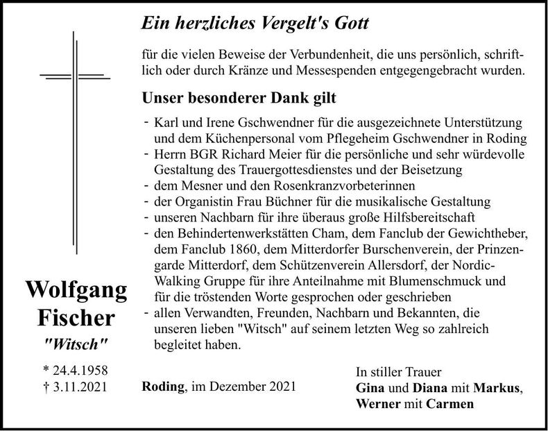 Traueranzeige Wolfgang Fischer