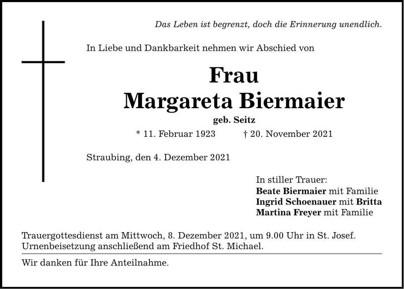 Traueranzeige Margareta Biermaier