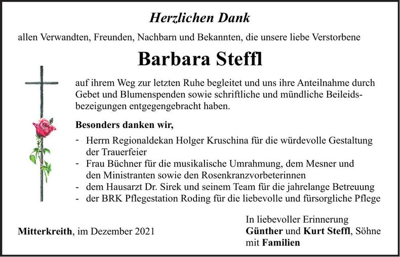 Traueranzeige Barbara Steffl