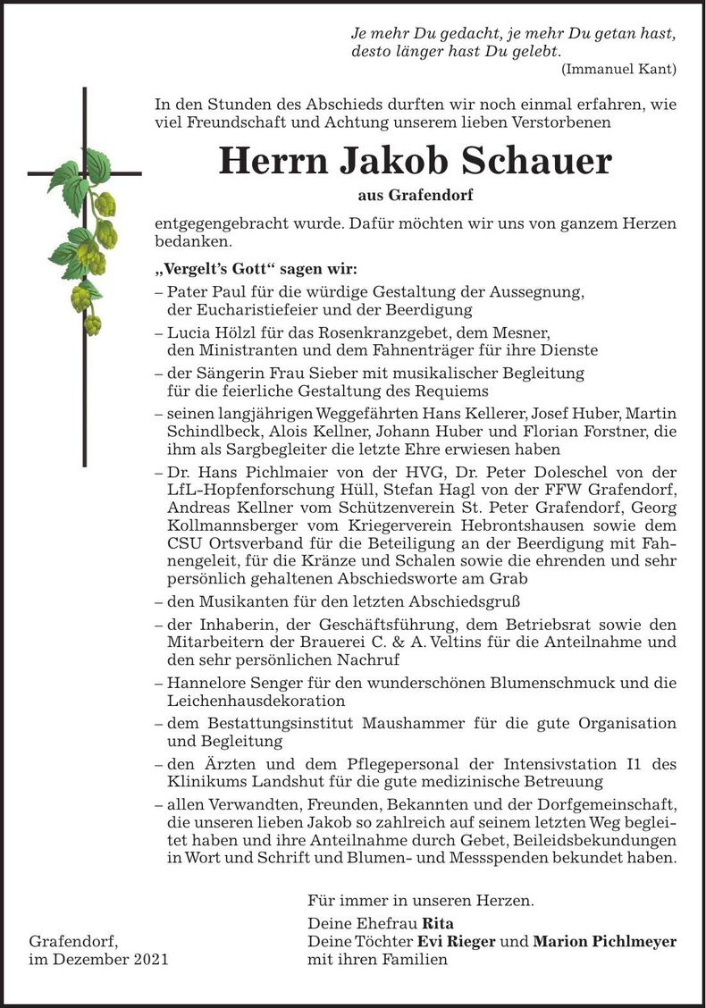 Traueranzeige Jakob Schauer