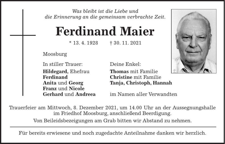 Traueranzeige Ferdinand Maier