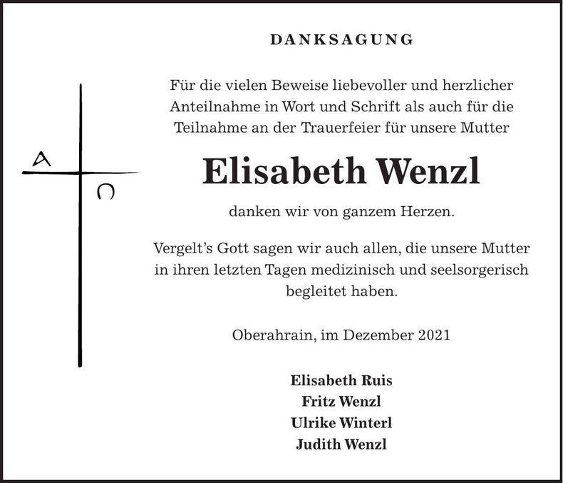 Traueranzeige Elisabeth Wenzl