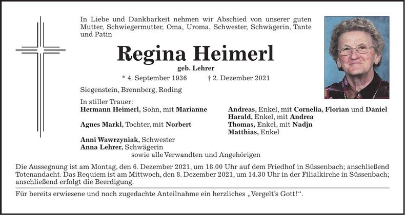 Traueranzeige Regina Heimerl