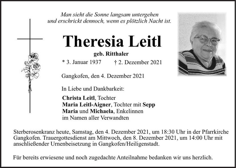 Traueranzeige Theresia Leitl