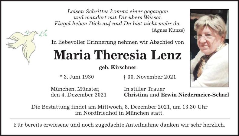 Traueranzeige Maria Theresia Lenz