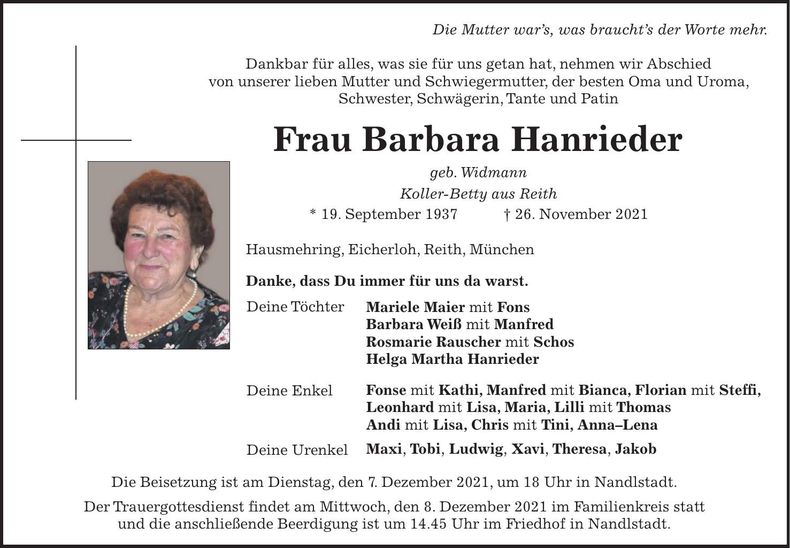 Traueranzeige Barbara Hanrieder