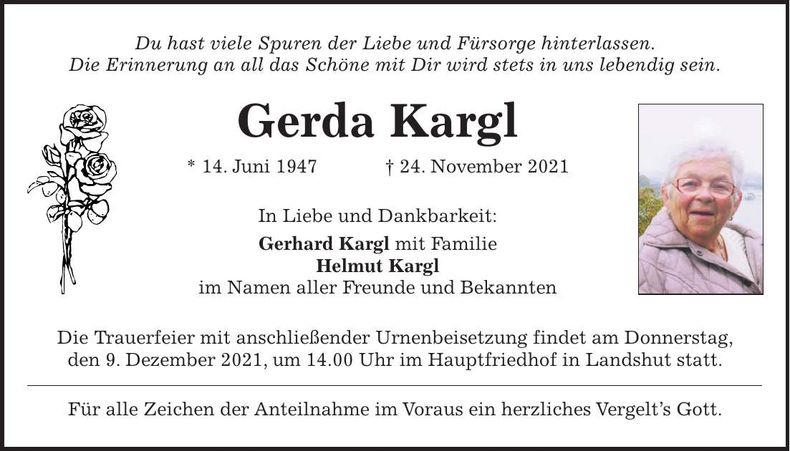 Traueranzeige Gerda Kargl