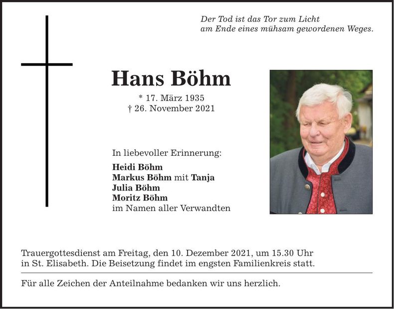 Traueranzeige Hans Böhm