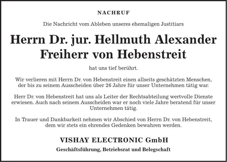 Traueranzeige Hellmuth Alexander Dr. jur. Freiherr von Hebenstreit