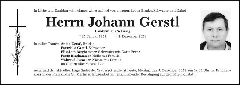 Traueranzeige Johann Gerstl