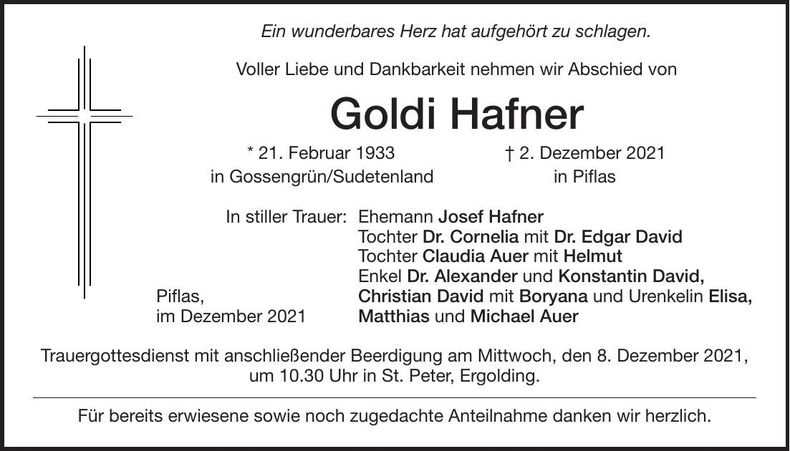 Traueranzeige Goldi Hafner