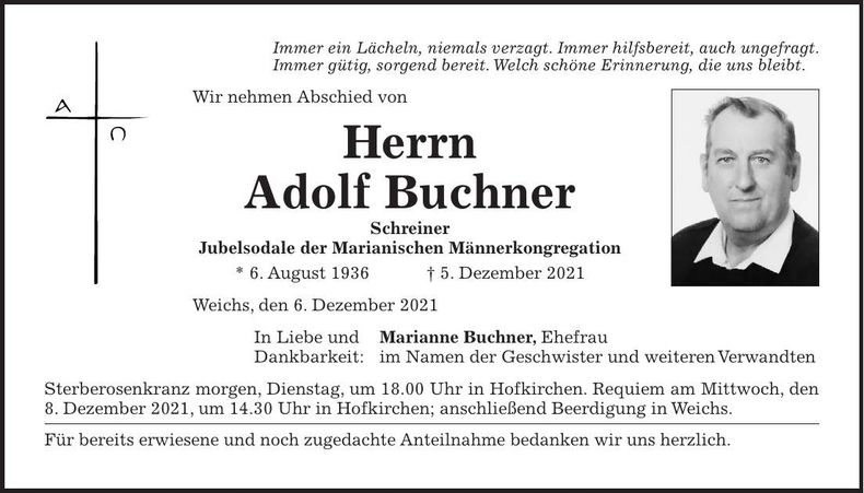 Traueranzeige Adolf Buchner