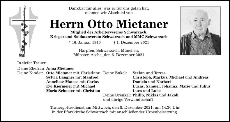 Traueranzeige Otto Mietaner
