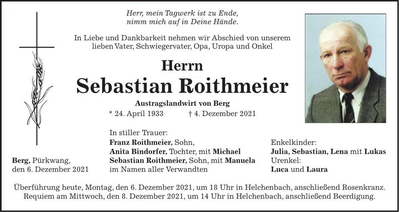 Traueranzeige Sebastian Roithmeier