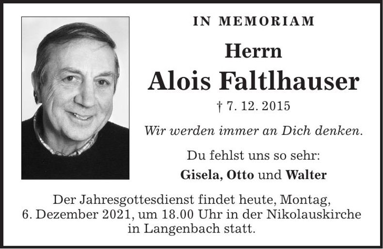 Traueranzeige Alois Faltlhauser