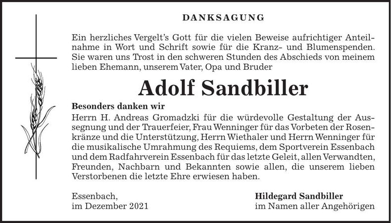 Traueranzeige Adolf Sandbiller