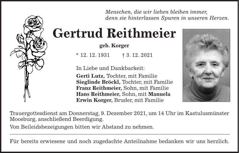 Traueranzeige Gertrud Reithmeier