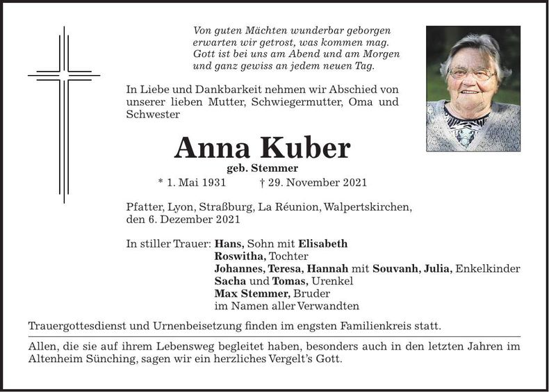 Traueranzeige Anna Kuber