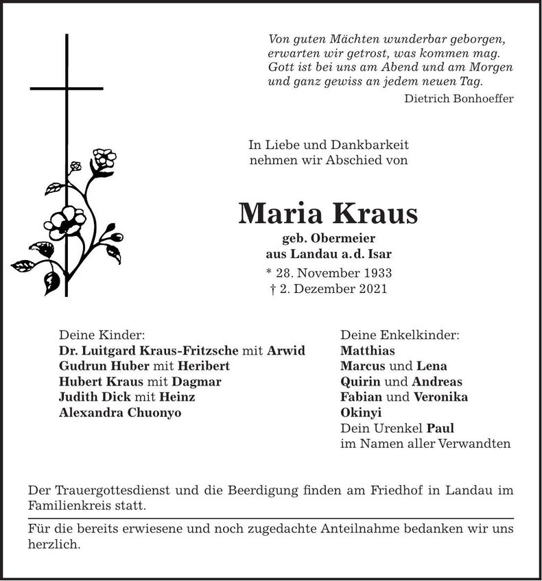 Traueranzeige Maria Kraus