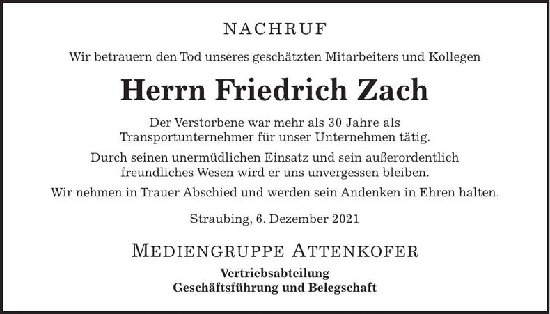 Traueranzeige Friedrich Zach