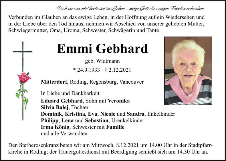 Traueranzeige Emmi Gebhard