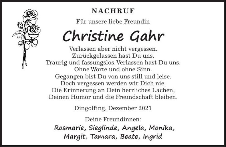 Traueranzeige Christine Gahr