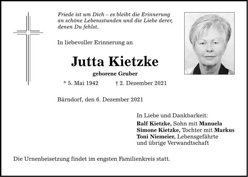 Traueranzeige Jutta Kietzke