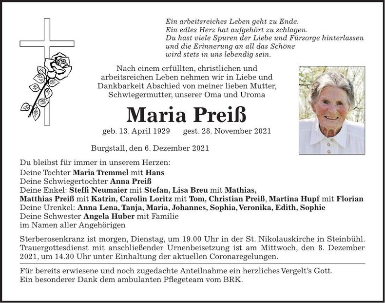 Traueranzeige Maria Preiß