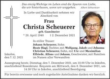 Traueranzeige Christa Scheuerer