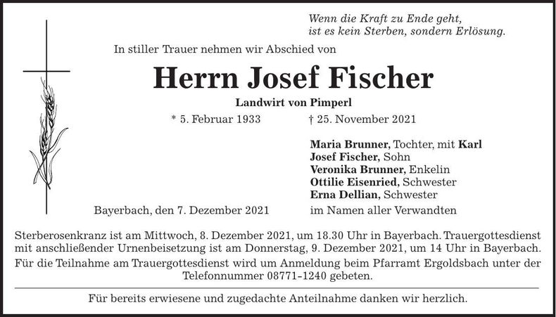Traueranzeige Josef Fischer