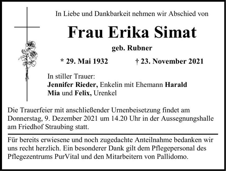 Traueranzeige Erika Simat