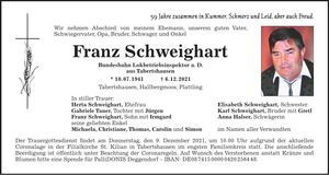 Traueranzeige Franz Schweighart