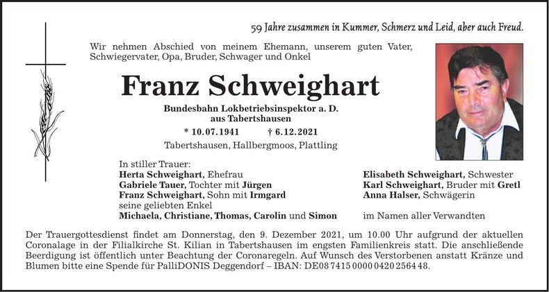 Traueranzeige Franz Schweighart