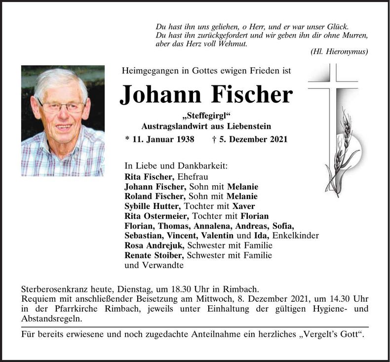 Traueranzeige Johann Fischer