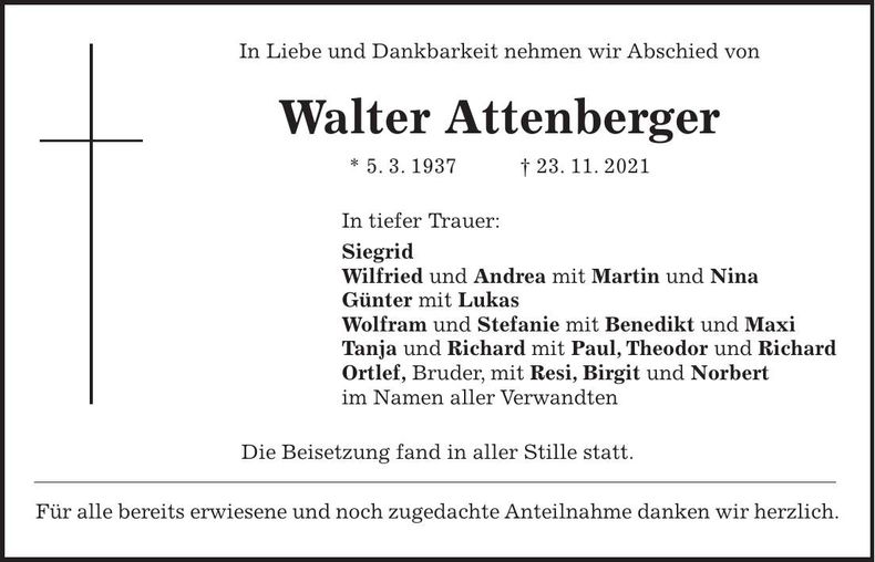 Traueranzeige Walter Attenberger