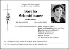 Traueranzeige Sascha Schmidbauer