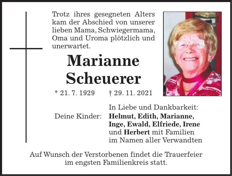 Traueranzeige Marianne Scheuerer