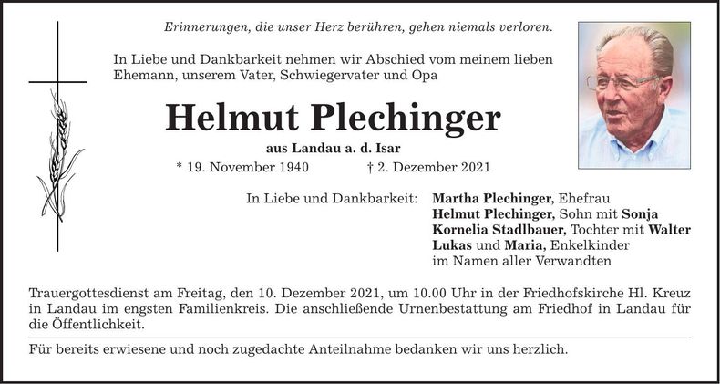 Traueranzeige Helmut Plechinger