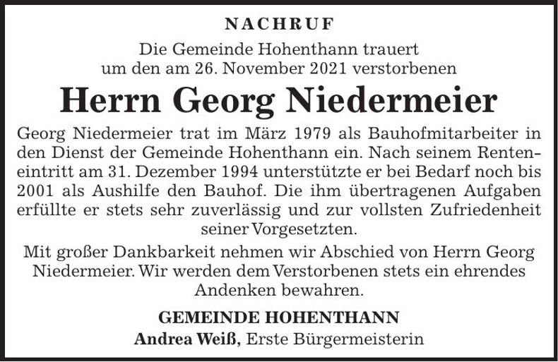 Traueranzeige Georg Niedermeier