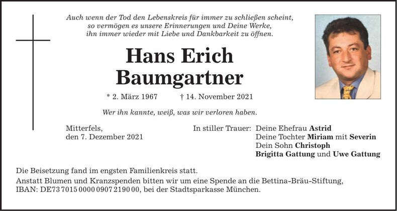 Traueranzeige Hans Baumgartner