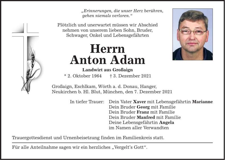 Traueranzeige Anton Adam