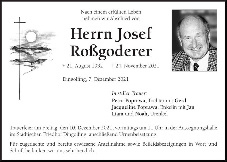 Traueranzeige Josef Roßgoderer