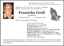 Traueranzeige Franziska Groß