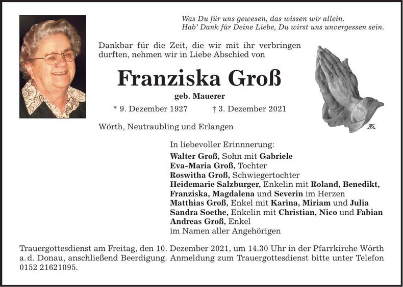 Traueranzeige Franziska Groß