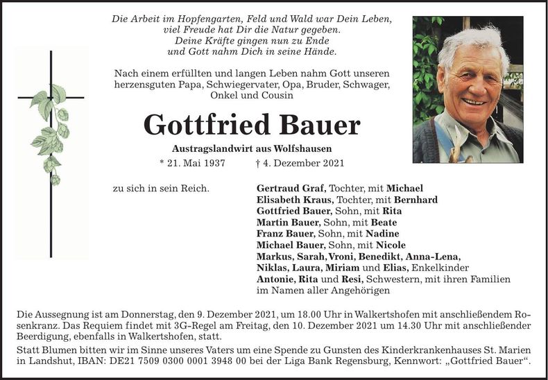 Traueranzeige Gottfried Bauer