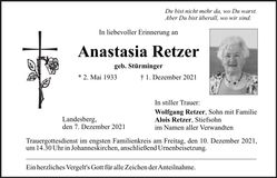 Traueranzeige Anastasia Retzer