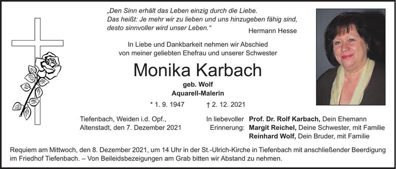 Traueranzeige Monika Karbach