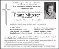 Traueranzeige Franz Mitterer