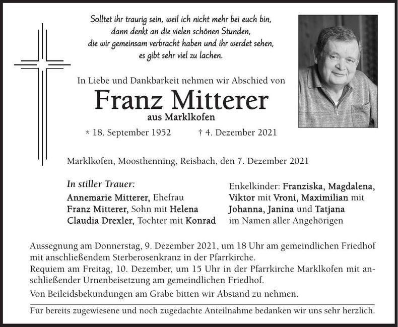 Traueranzeige Franz Mitterer